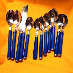Lot of blue handled flatware. 8 Spoons, 2 Knives, 2 Soup, Blue. Stainless.